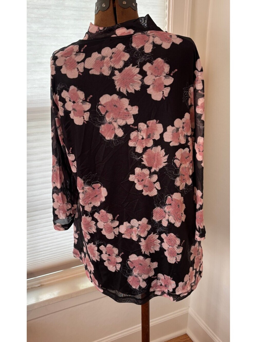 Ulla Popken 12/14 Black Pink Floral Mesh Tunic Top Mock Neck Layered (2162)